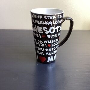 Tall Coffee Mug 10-12oz “ I love Minnesota, etc..” Black,White,Red Hearts